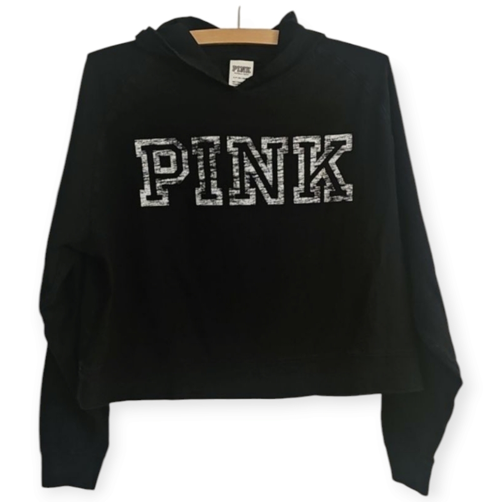 VS PINK Cropped Black Campus Hoodie Size SM